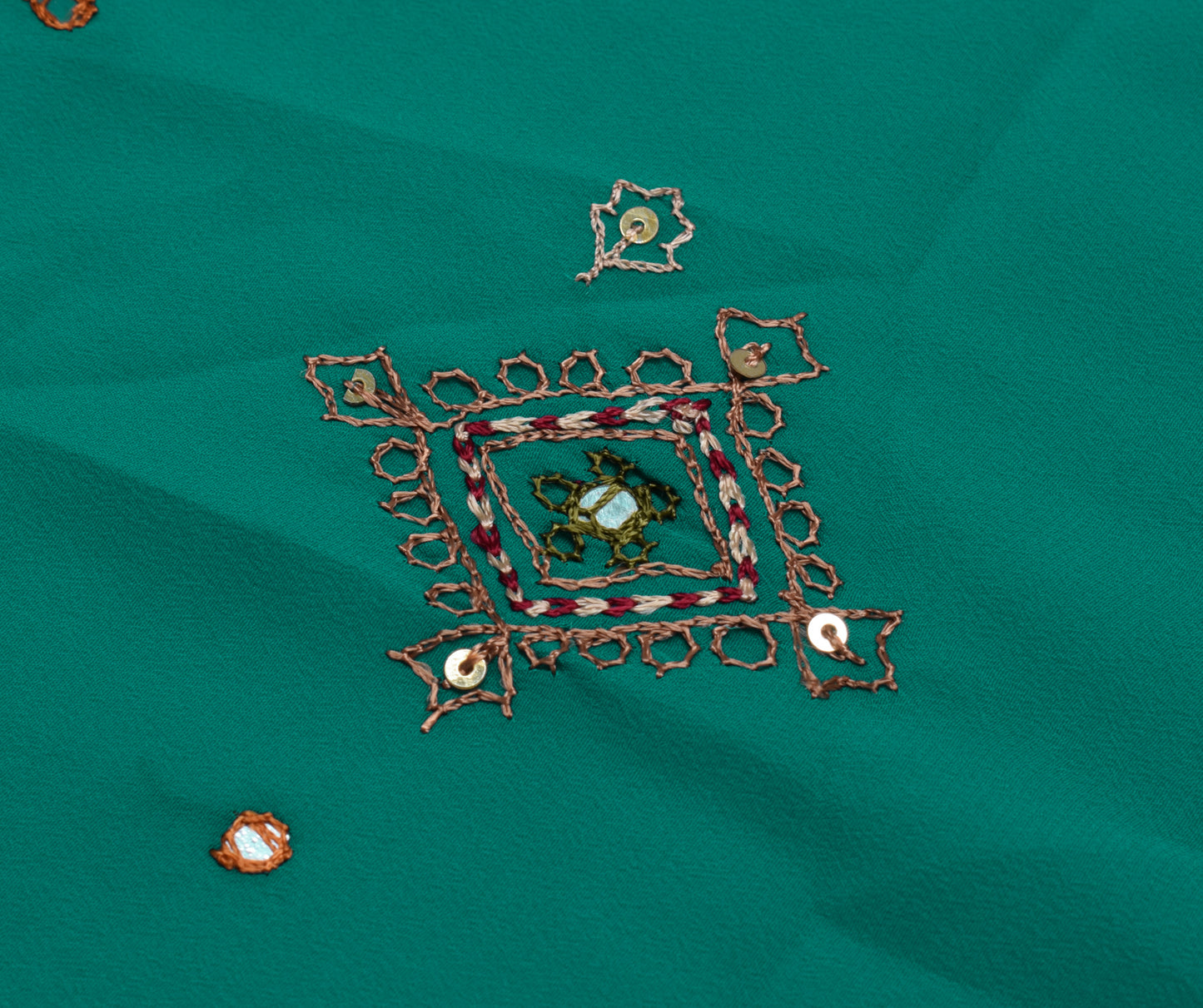Sushila Vintage Teal Green Sari Remnant Scrap Blend Crepe Hand Beaded Fabric