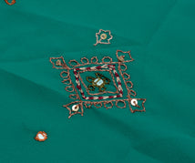 Sushila Vintage Teal Green Sari Remnant Scrap Blend Crepe Hand Beaded Fabric