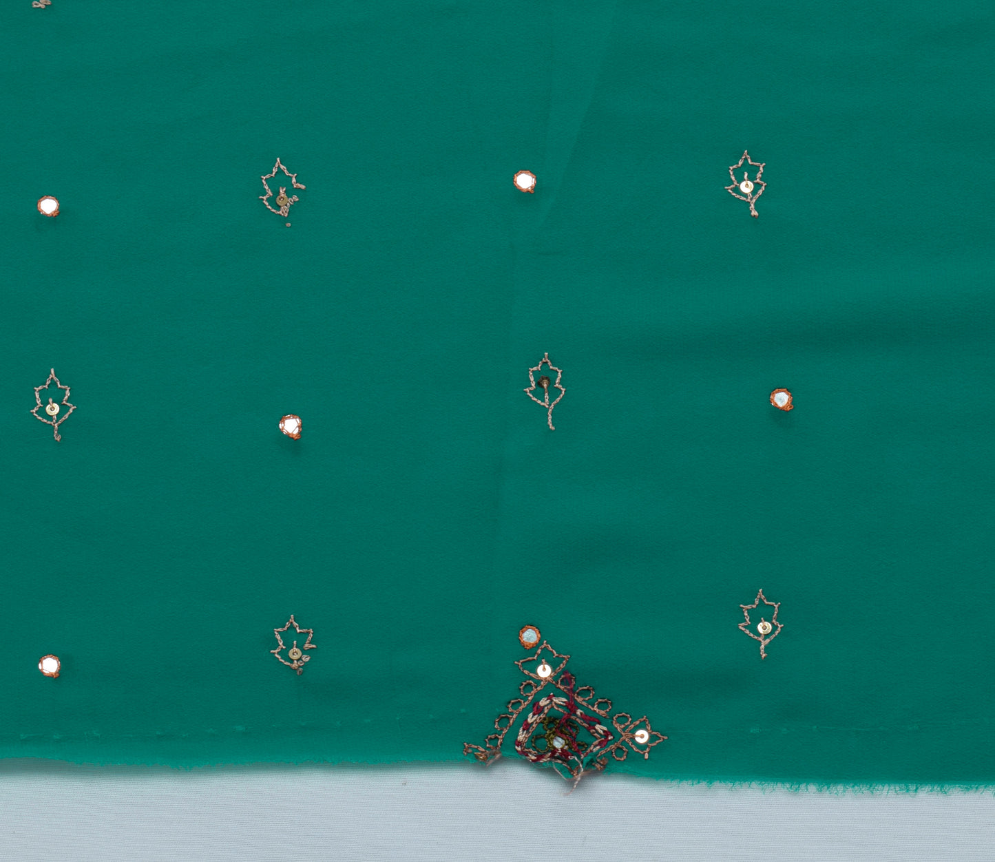 Sushila Vintage Green Sari Remnant Scrap Blend Crepe Hand Beaded Craft Fabric