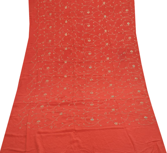 Sushila Vintage Peach Sari Remnant Scrap Pure Crepe Embroidered Craft Fabric