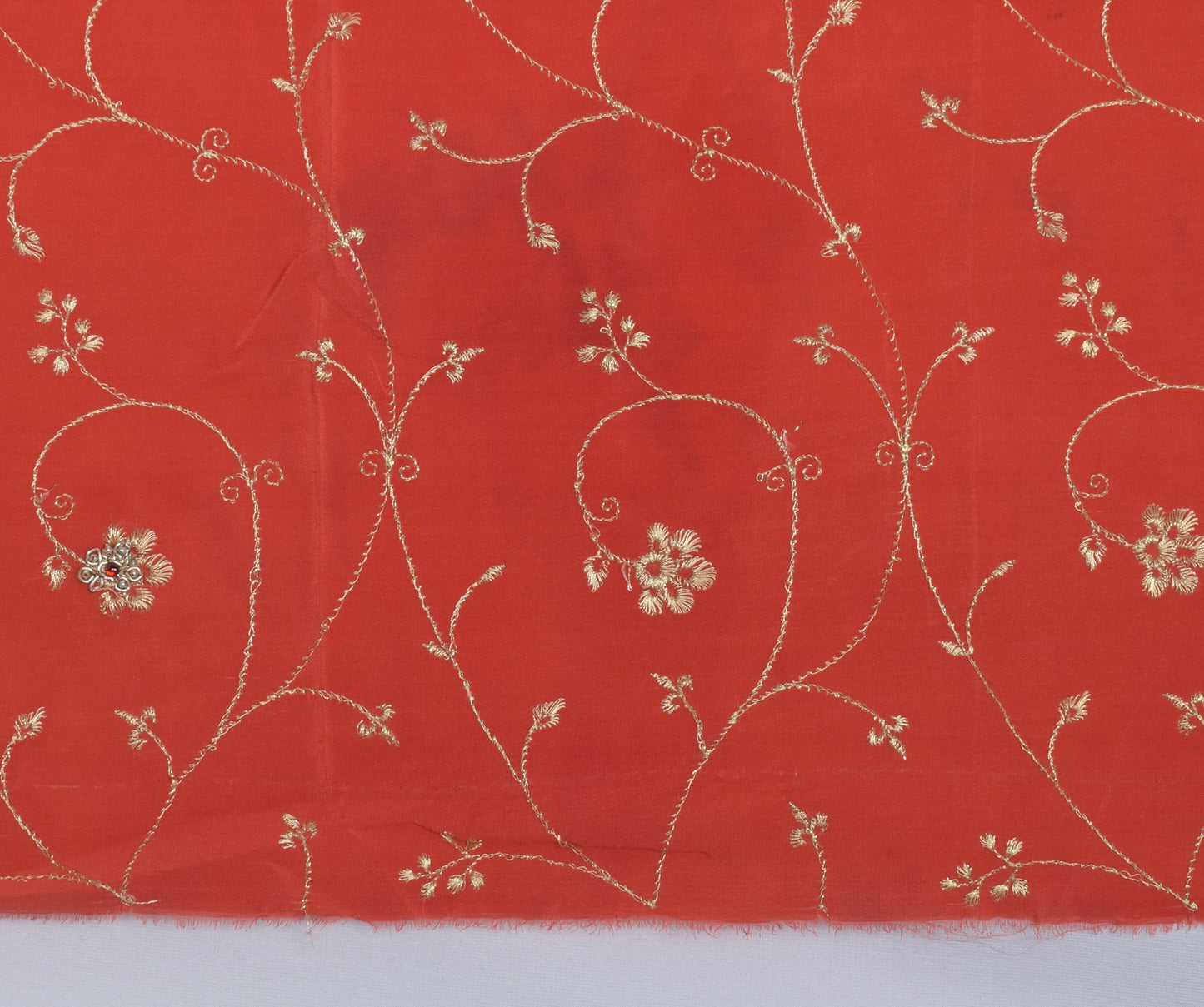 Sushila Vintage Peach Sari Remnant Scrap Pure Crepe Embroidered Craft Fabric