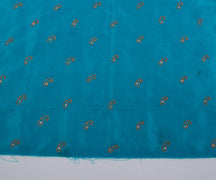 Sushila Vintage Blue Sari Remnant Scrap Blend Silk Embroidered Craft Fabric