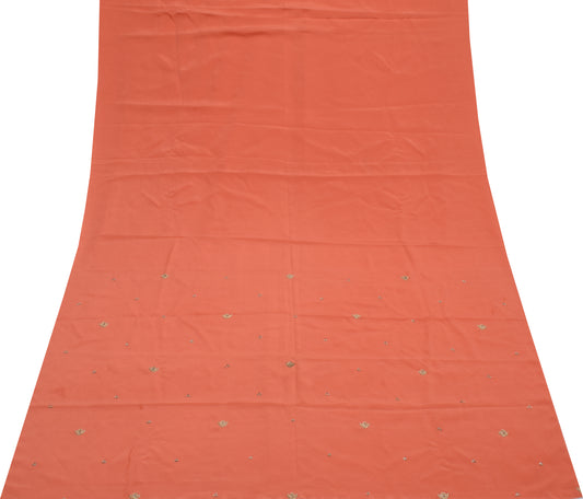 Sushila Vintage Peach Sari Remnant Scrap Blend Silk Hand Beaded Craft Fabric