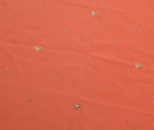 Sushila Vintage Peach Sari Remnant Scrap Blend Silk Hand Beaded Craft Fabric