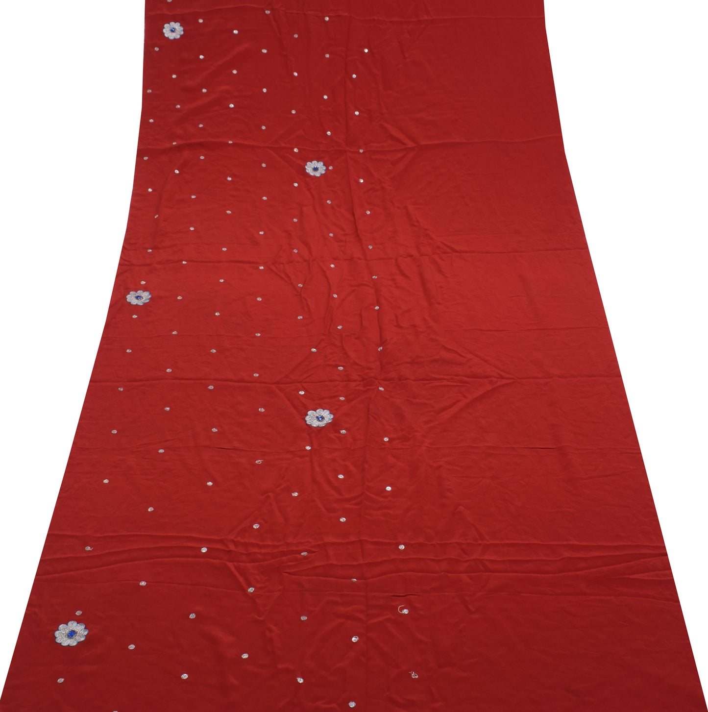 Sushila Vintage Red Sari Remnant Scrap Pure Crepe Silk Embroidered Craft Fabric