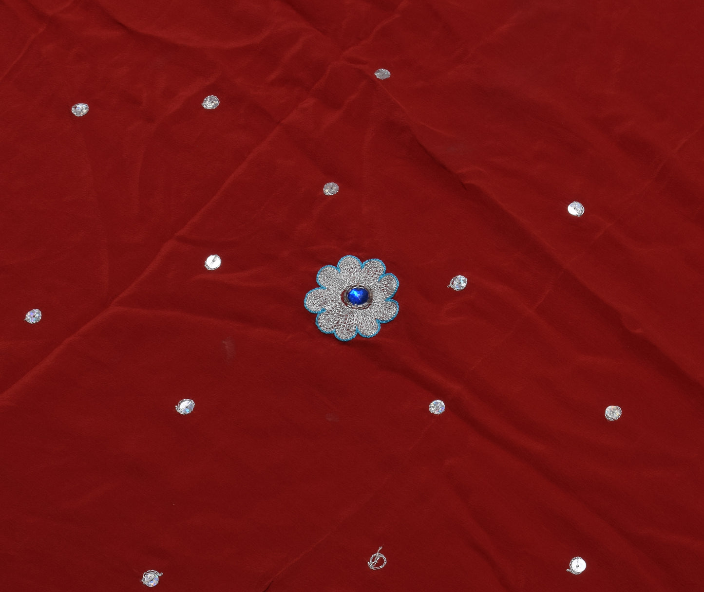 Sushila Vintage Red Sari Remnant Scrap Pure Crepe Silk Embroidered Craft Fabric