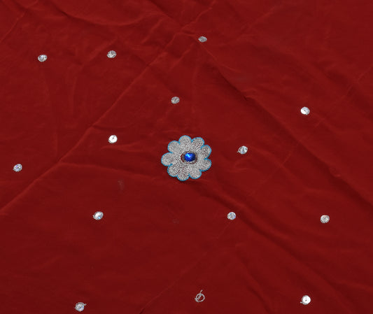 Sushila Vintage Red Sari Remnant Scrap Pure Crepe Silk Embroidered Craft Fabric