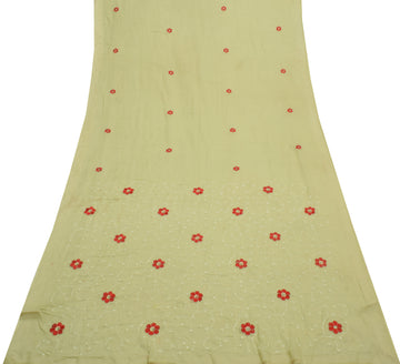 Sushila Vintage Green Sari Remnant Scrap Pure Cotton Embroidered Craft Fabric