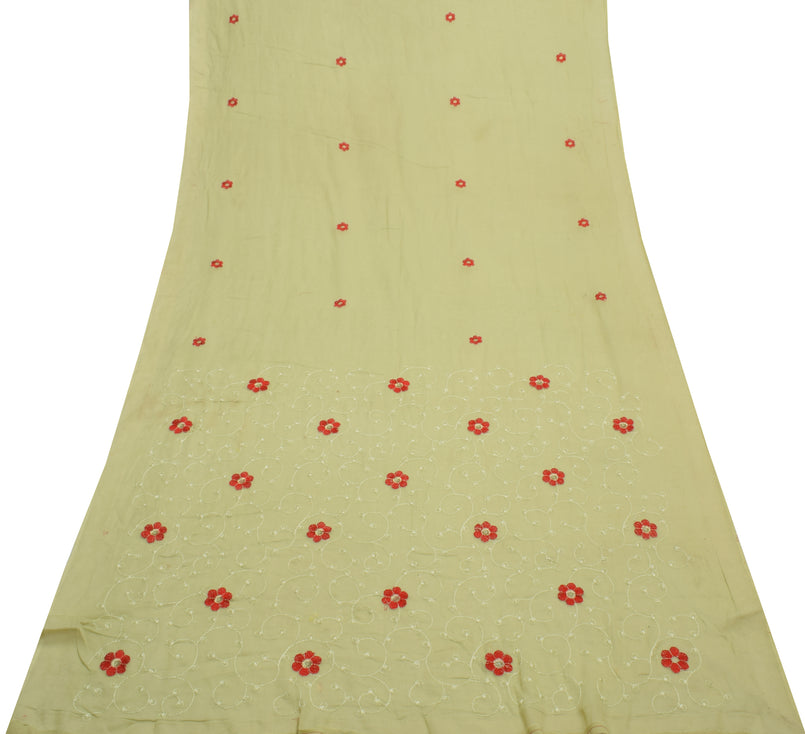 Sushila Vintage Green Sari Remnant Scrap Pure Cotton Embroidered Craft Fabric