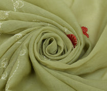 Sushila Vintage Green Sari Remnant Scrap Pure Cotton Embroidered Craft Fabric