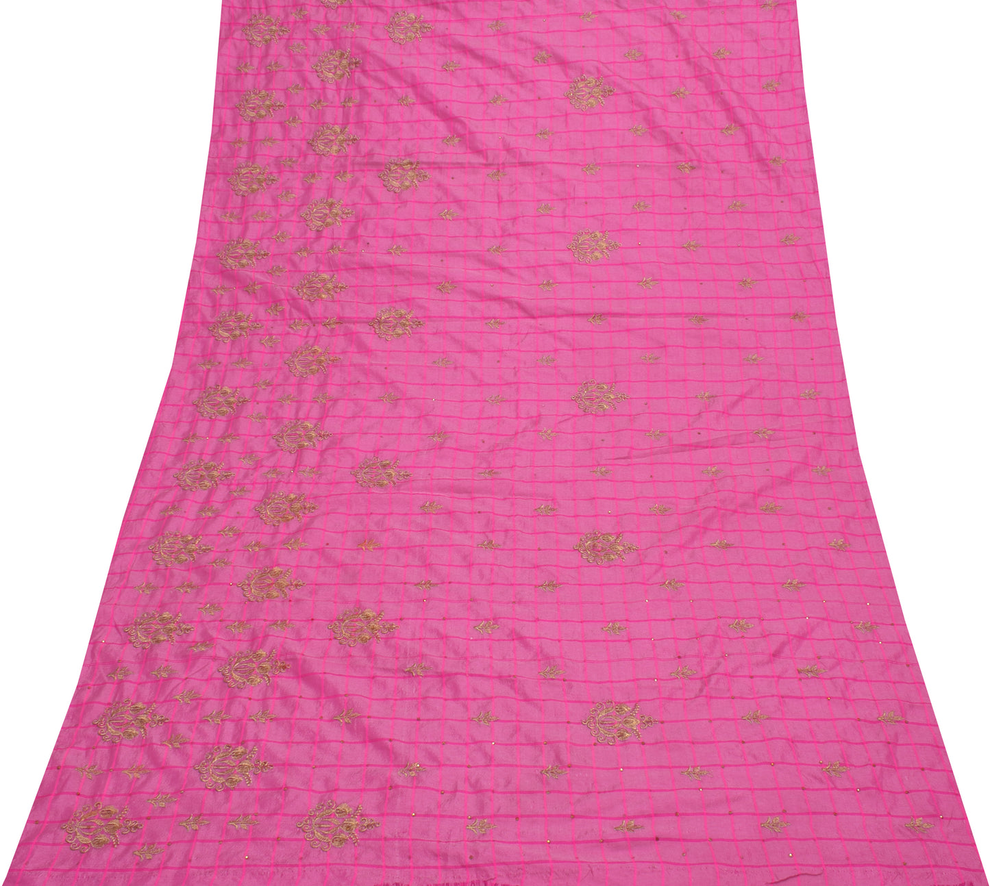 Sushila Vintage Pink Sari Remnant Scrap Blend Silk Embroidered Craft Fabric