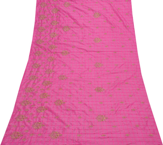 Sushila Vintage Pink Sari Remnant Scrap Blend Silk Embroidered Craft Fabric