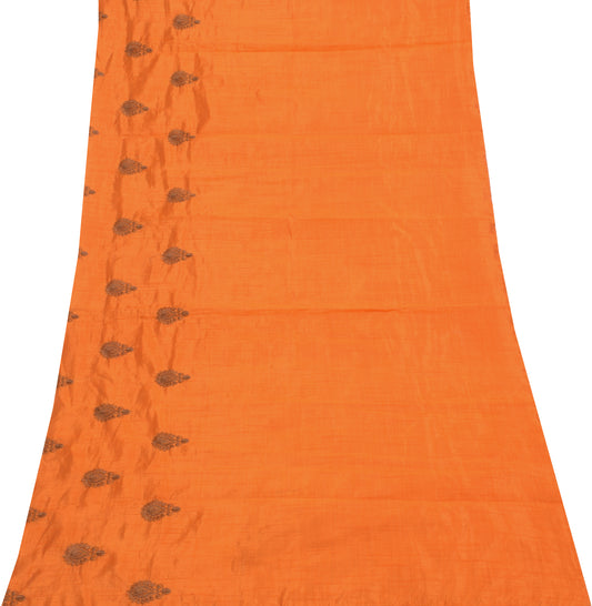 Sushila Vintage Orange Sari Remnant Scrap Multi Purpose Embroidered Craft Fabric
