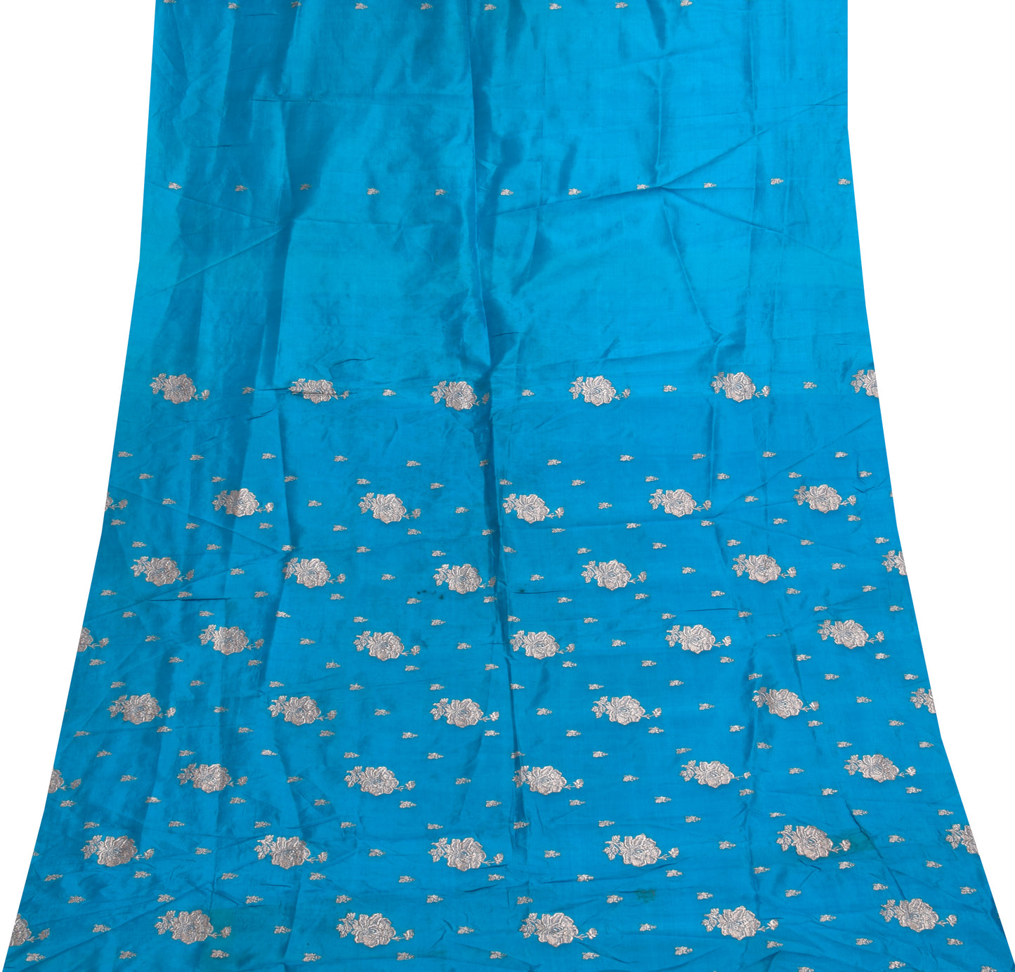 Sushila Vintage Teal Blue Sari Remnant Scrap Pure Silk Zari Woven Craft Fabric