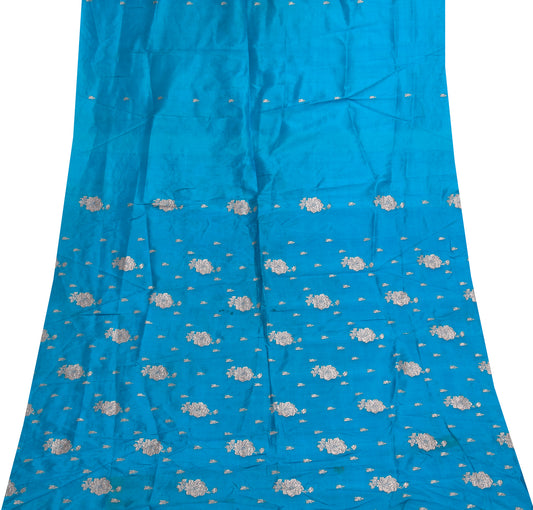 Sushila Vintage Teal Blue Sari Remnant Scrap Pure Silk Zari Woven Craft Fabric