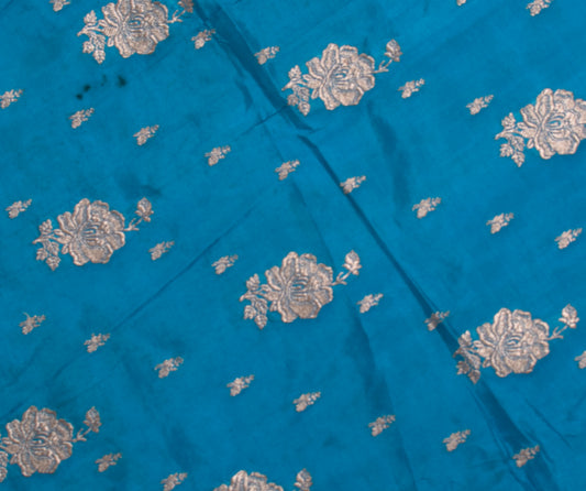 Sushila Vintage Teal Blue Sari Remnant Scrap Pure Silk Zari Woven Craft Fabric