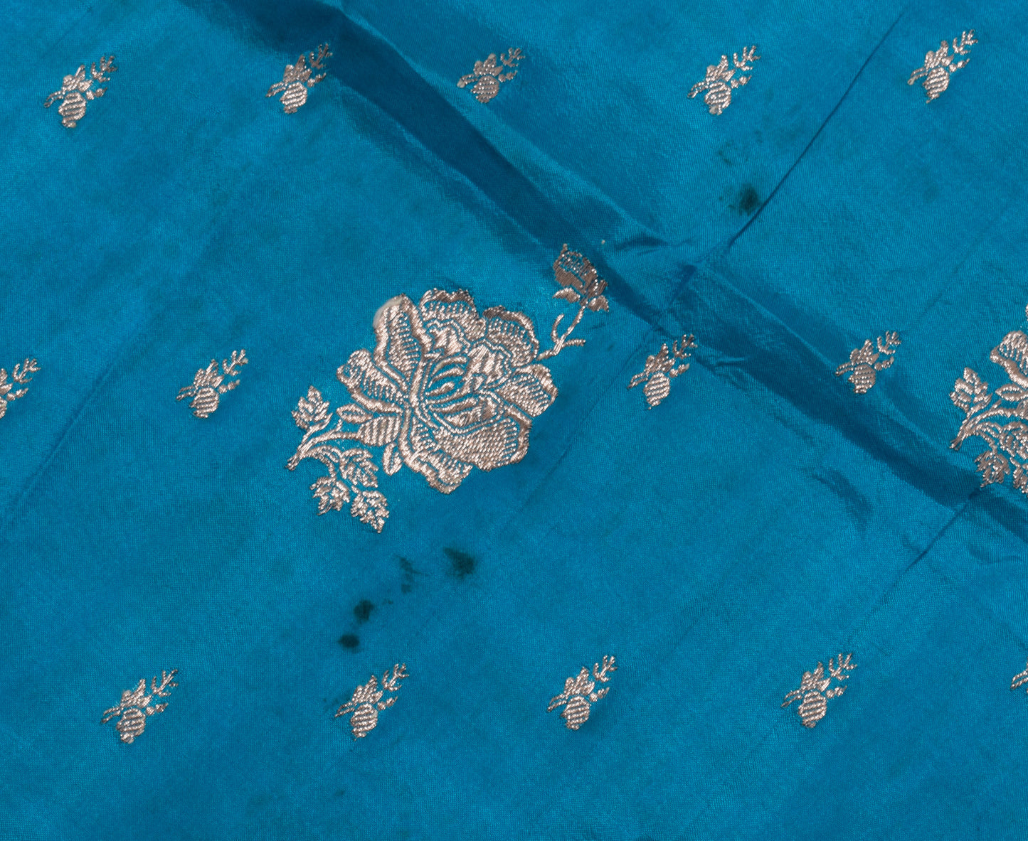 Sushila Vintage Teal Blue Sari Remnant Scrap Pure Silk Zari Woven Craft Fabric
