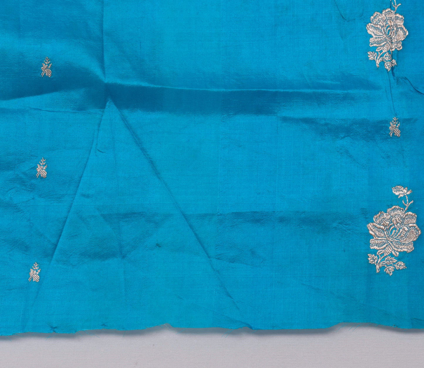 Sushila Vintage Teal Blue Sari Remnant Scrap Pure Silk Zari Woven Craft Fabric