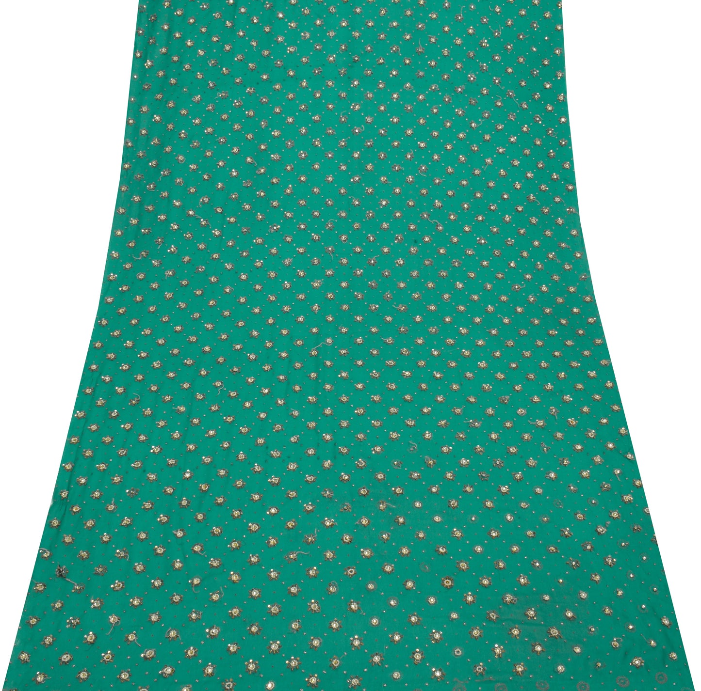Sushila Vintage Green Sari Remnant Scrap Blend Georgette Hand Beaded Fabric