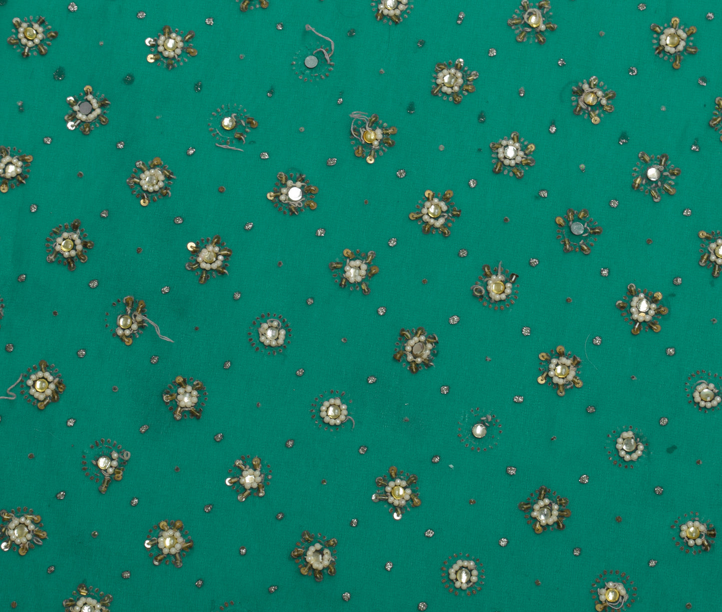 Sushila Vintage Green Sari Remnant Scrap Blend Georgette Hand Beaded Fabric