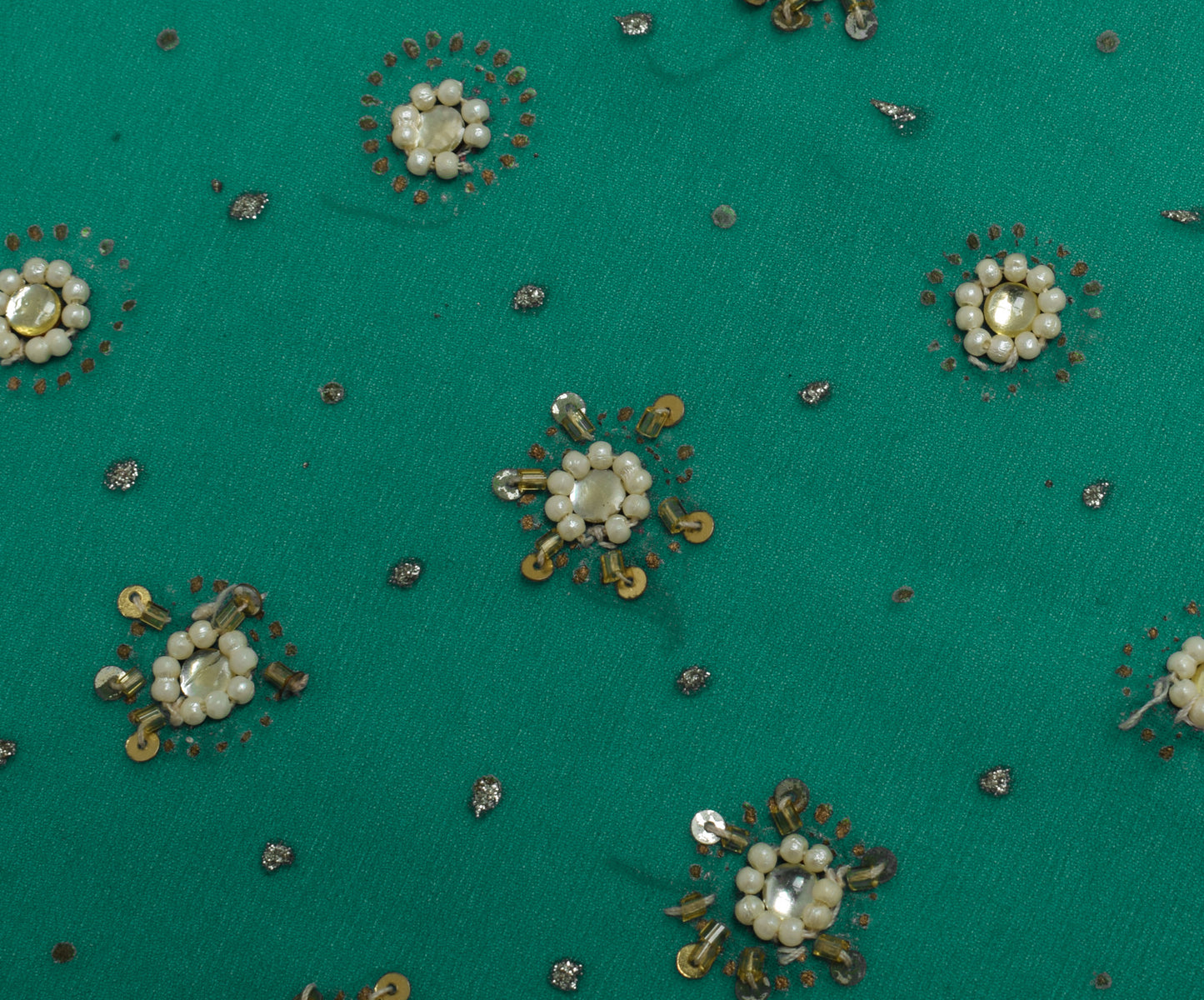 Sushila Vintage Green Sari Remnant Scrap Blend Georgette Hand Beaded Fabric