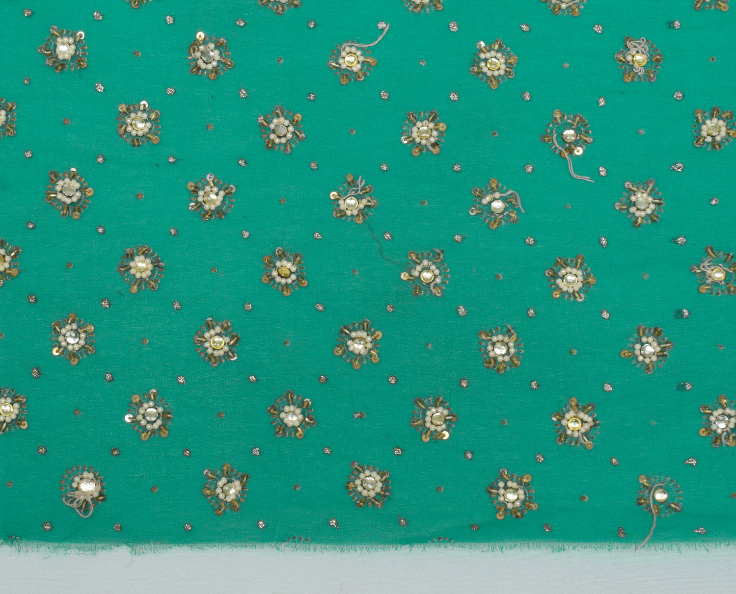 Sushila Vintage Green Sari Remnant Scrap Blend Georgette Hand Beaded Fabric