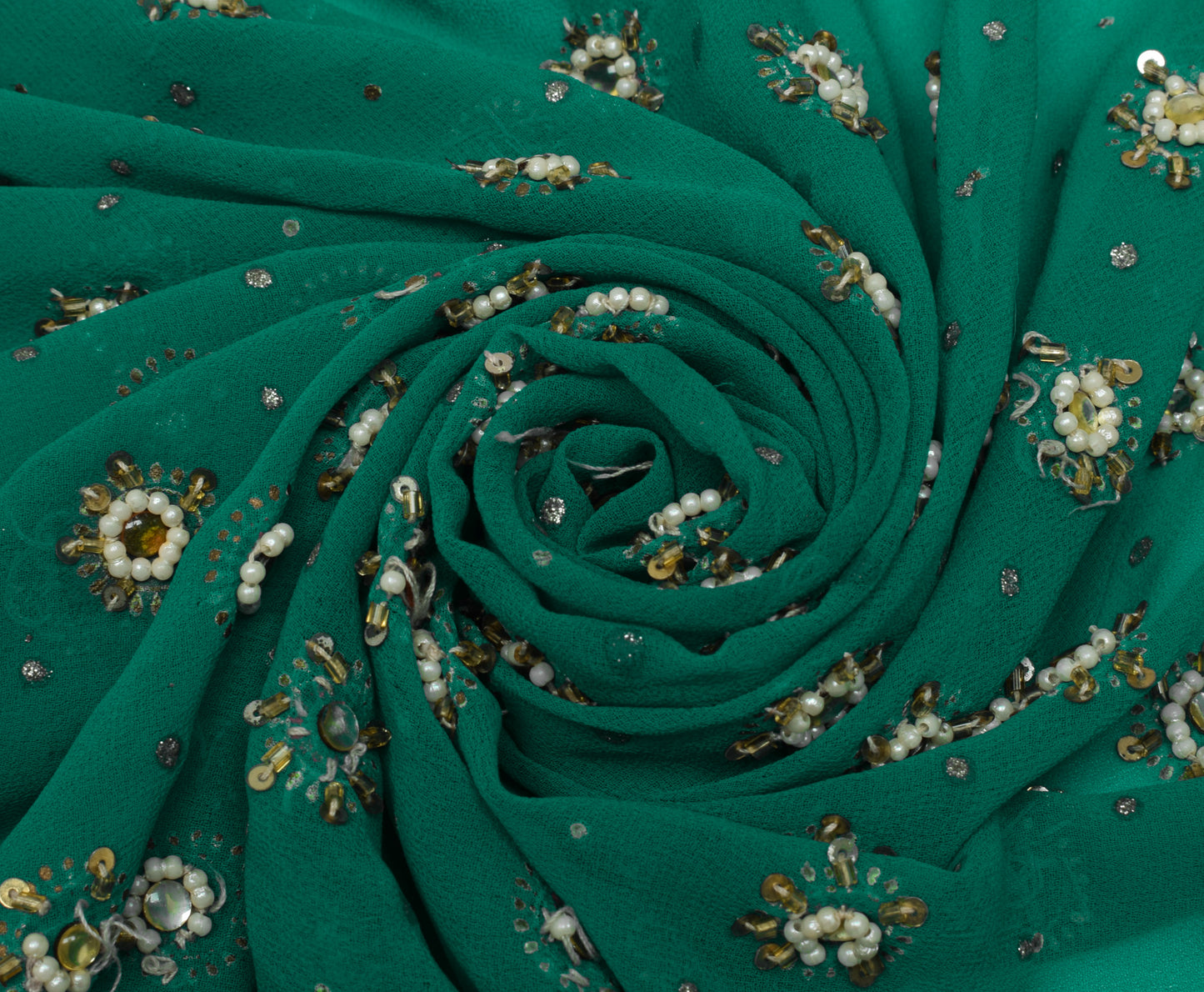 Sushila Vintage Green Sari Remnant Scrap Blend Georgette Hand Beaded Fabric