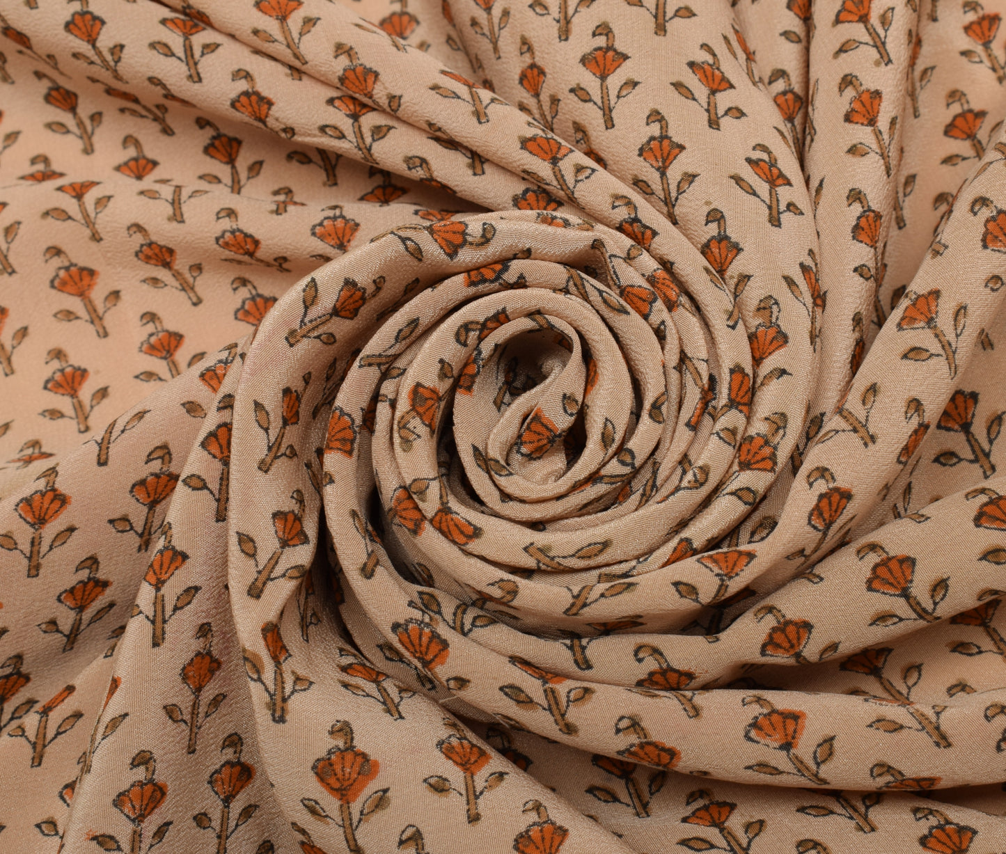 Sushila Vintage Light Brown  Sari Remnant Scrap Pure Crepe Printed Craft Fabric