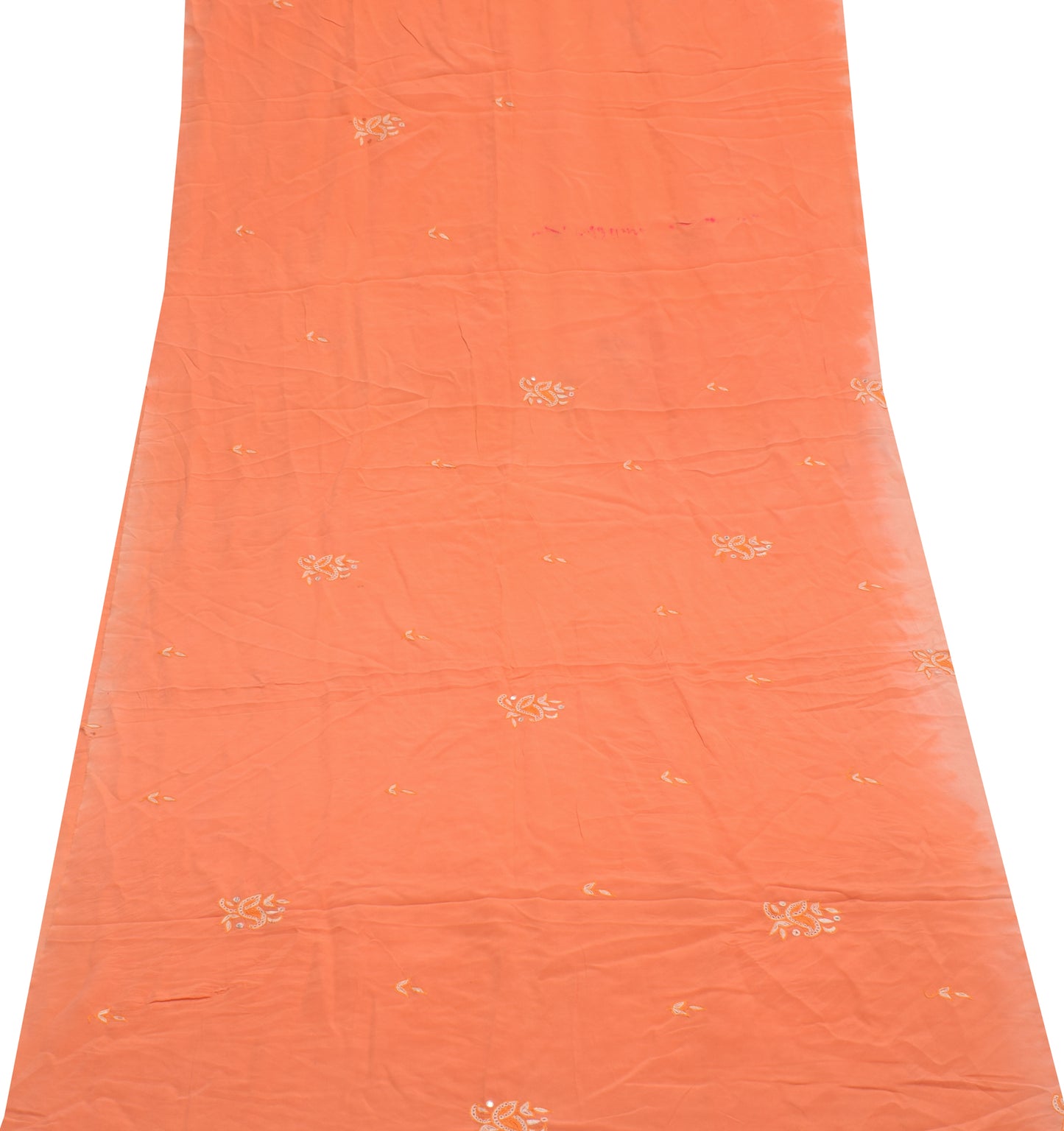 Sushila Vintage Orange Sari Remnant Scrap Pure Crepe Embroidered Craft Fabric