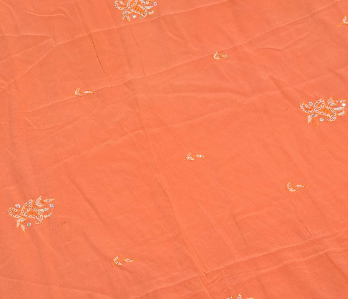 Sushila Vintage Orange Sari Remnant Scrap Pure Crepe Embroidered Craft Fabric