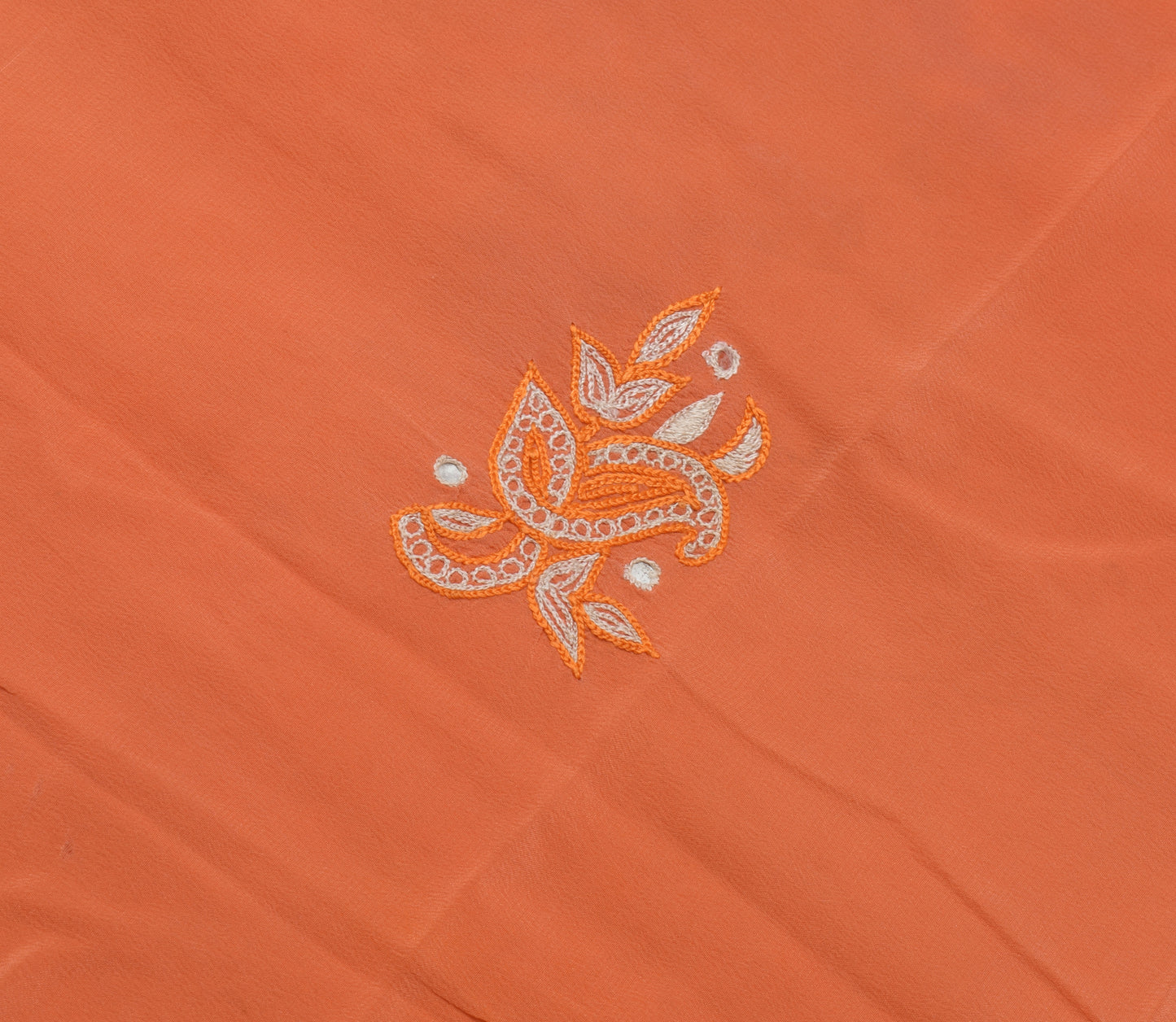 Sushila Vintage Orange Sari Remnant Scrap Pure Crepe Embroidered Craft Fabric