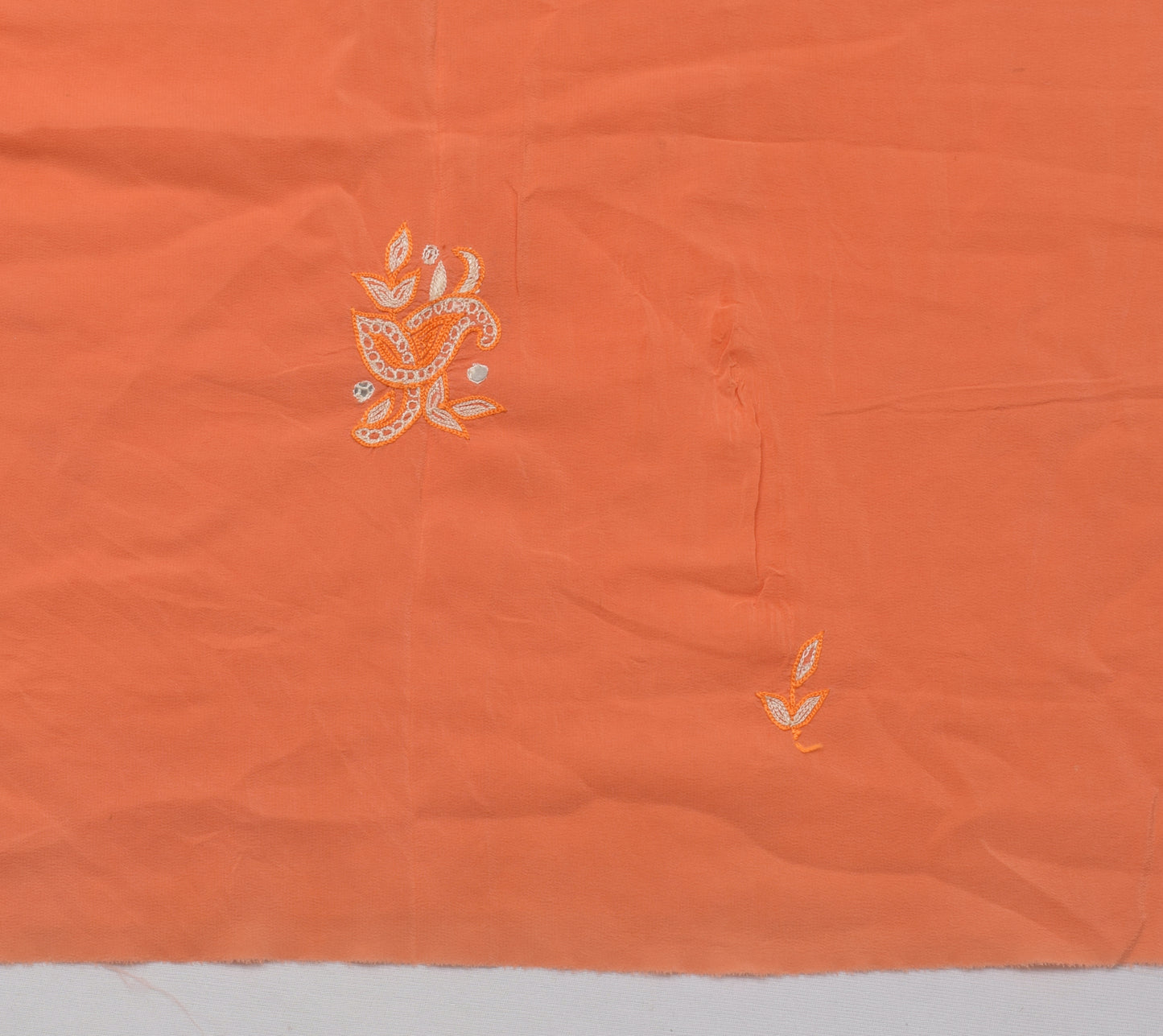 Sushila Vintage Orange Sari Remnant Scrap Pure Crepe Embroidered Craft Fabric