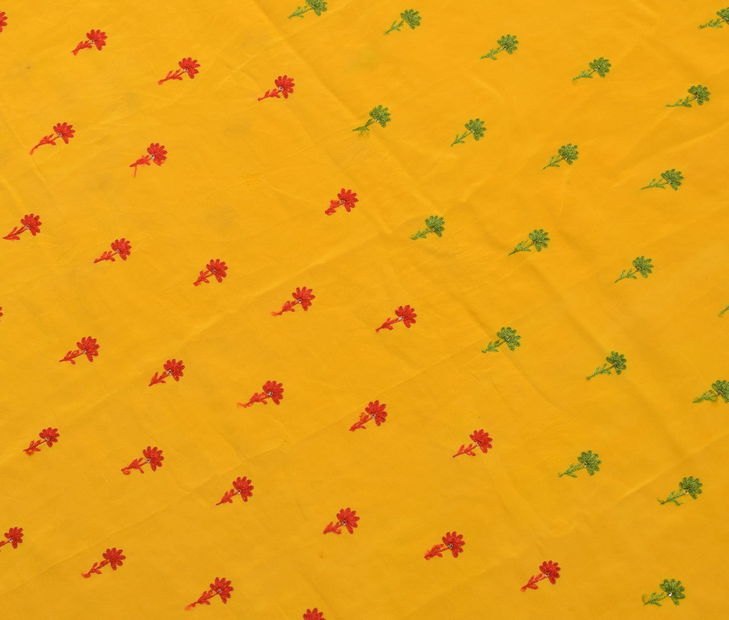 Sushila Vintage Yellow Sari Remnant Scrap Pure Crepe Embroidered Craft Fabric