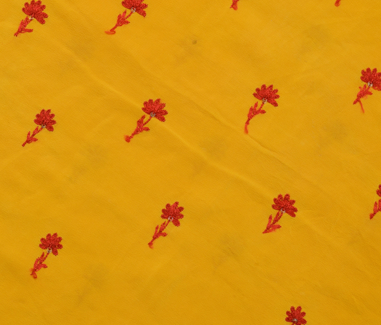 Sushila Vintage Yellow Sari Remnant Scrap Pure Crepe Embroidered Craft Fabric