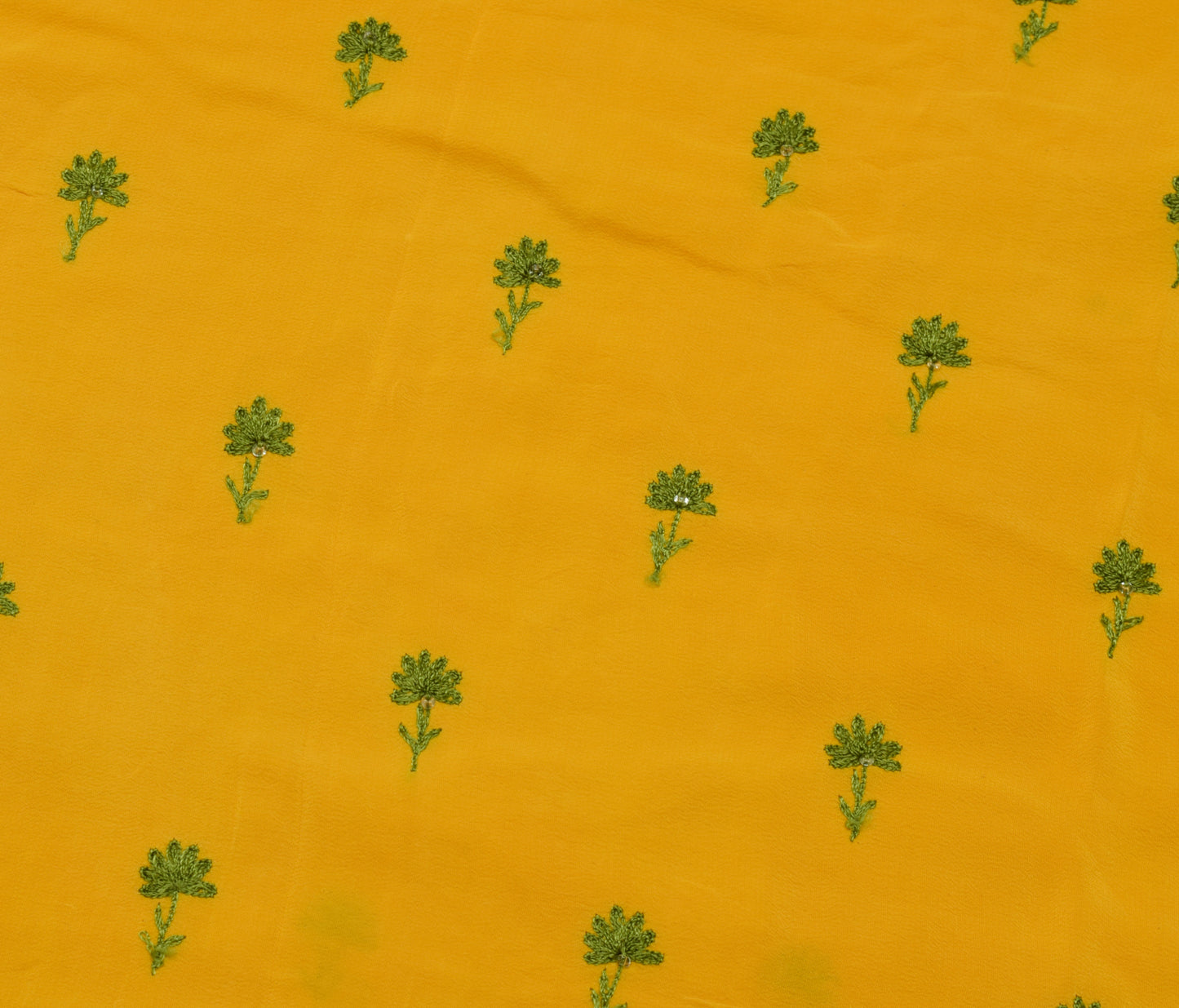 Sushila Vintage Yellow Sari Remnant Scrap Pure Crepe Embroidered Craft Fabric