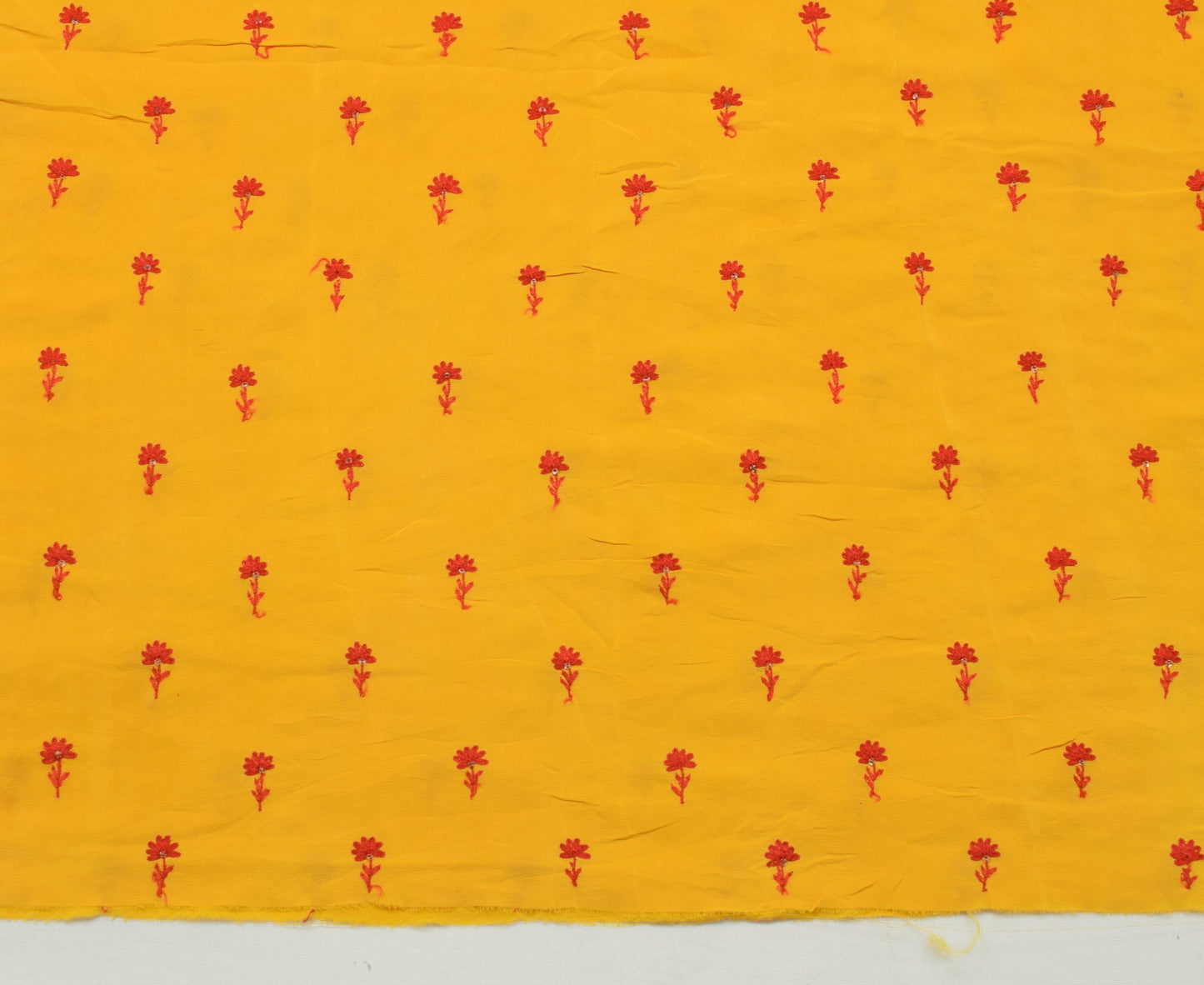 Sushila Vintage Yellow Sari Remnant Scrap Pure Crepe Embroidered Craft Fabric