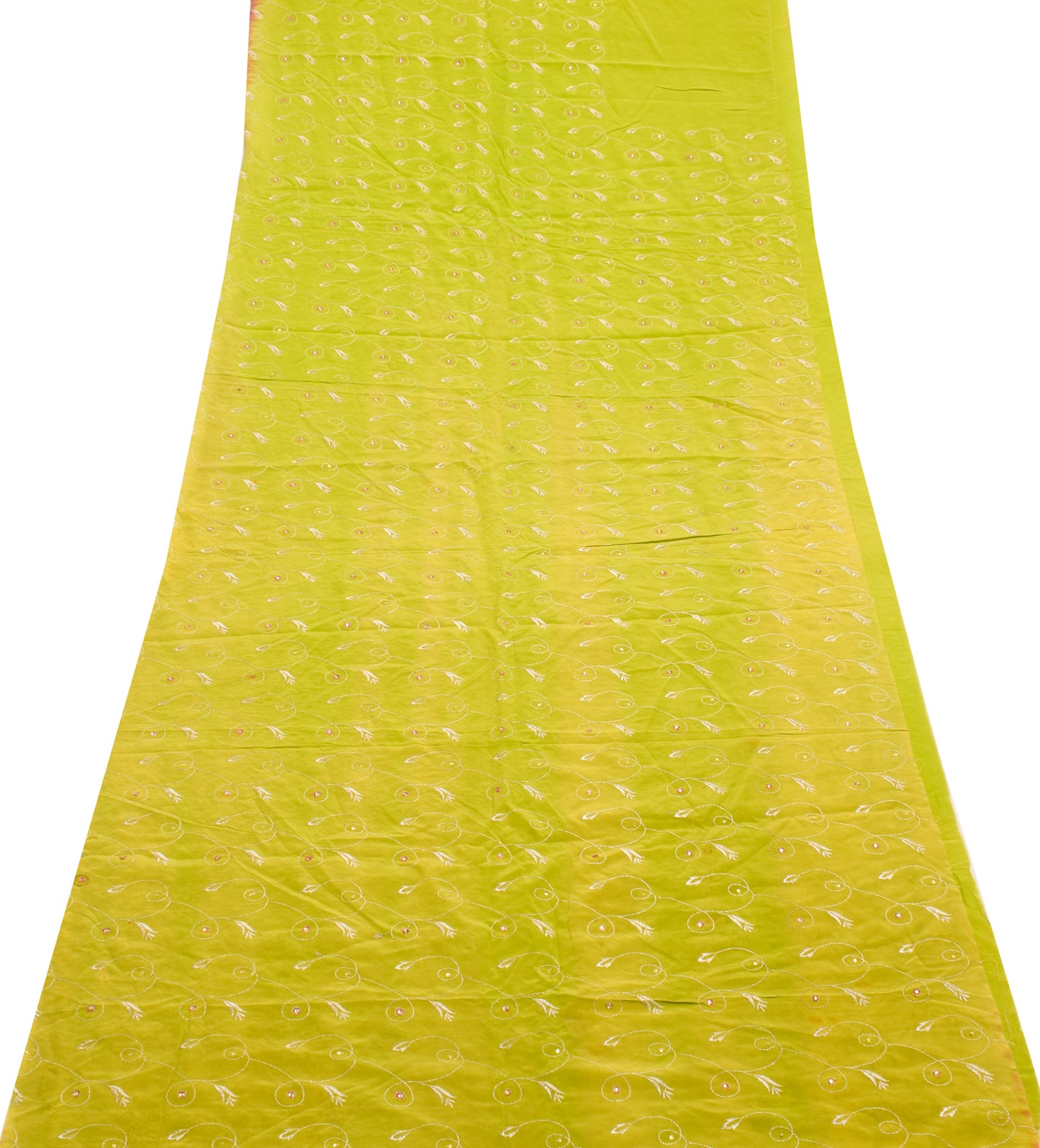 Sushila Vintage Green Sari Remnant Scrap 100%Pure Crepe Embroidered Craft Fabric