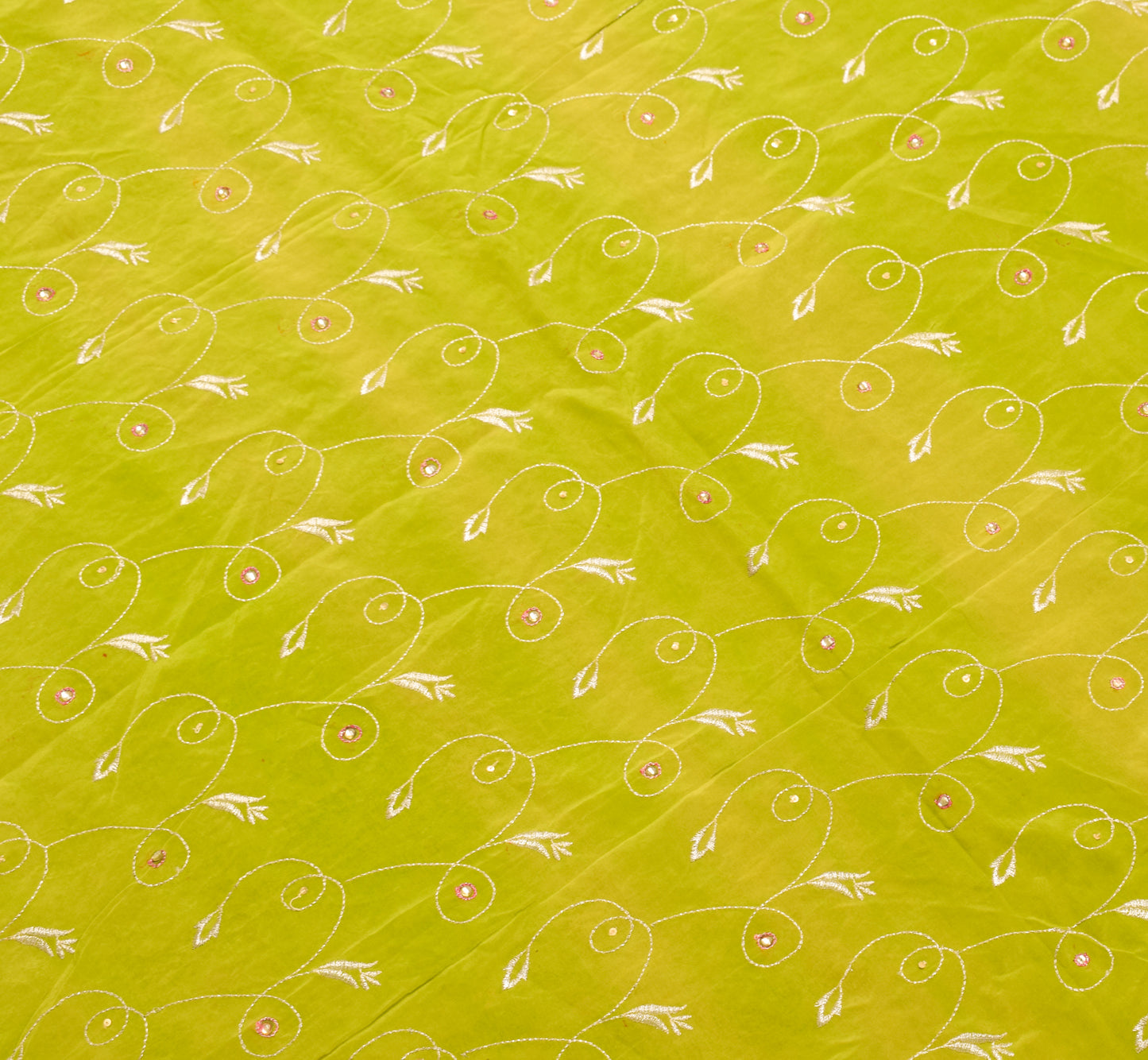 Sushila Vintage Green Sari Remnant Scrap 100%Pure Crepe Embroidered Craft Fabric