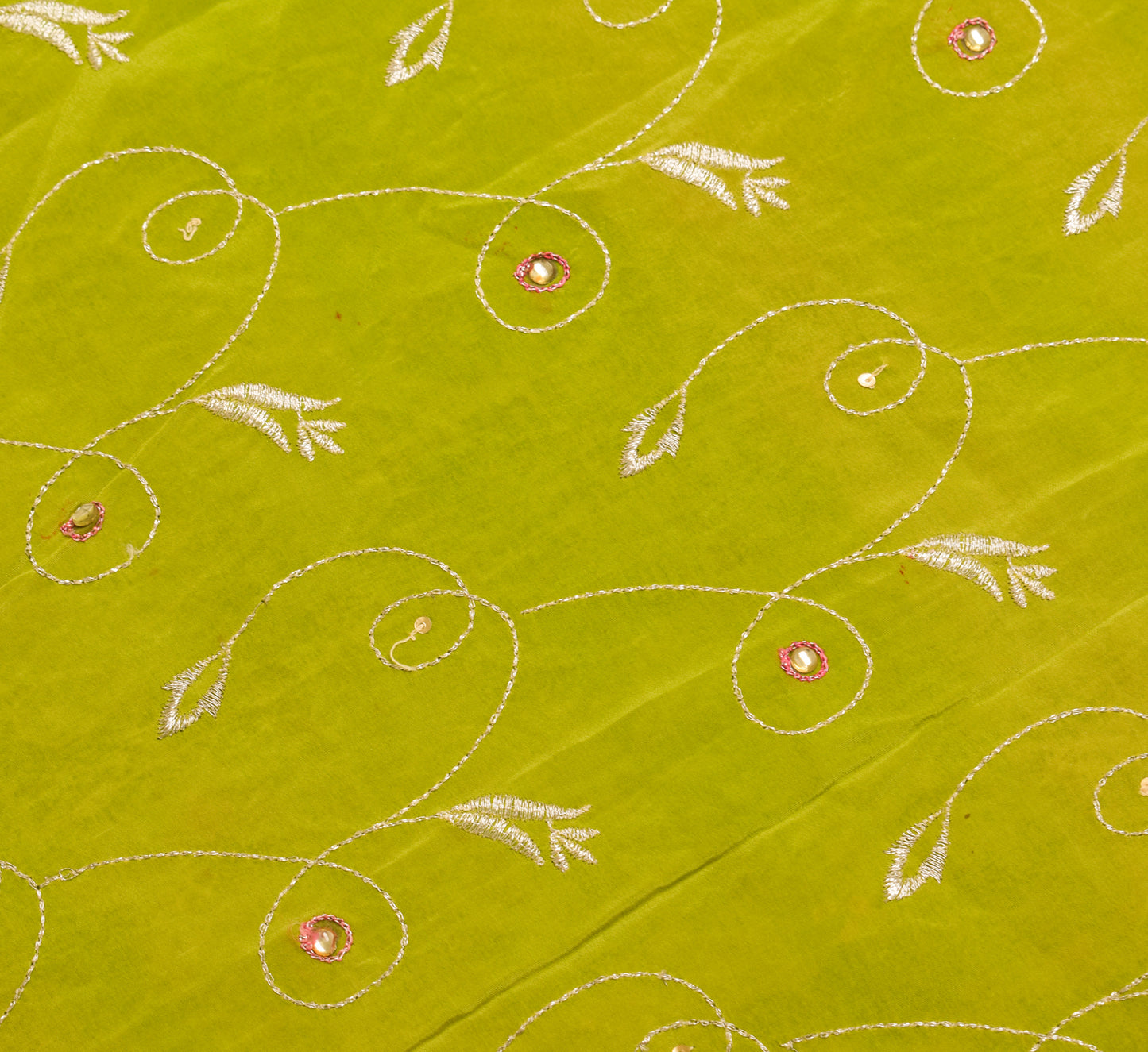 Sushila Vintage Green Sari Remnant Scrap 100%Pure Crepe Embroidered Craft Fabric