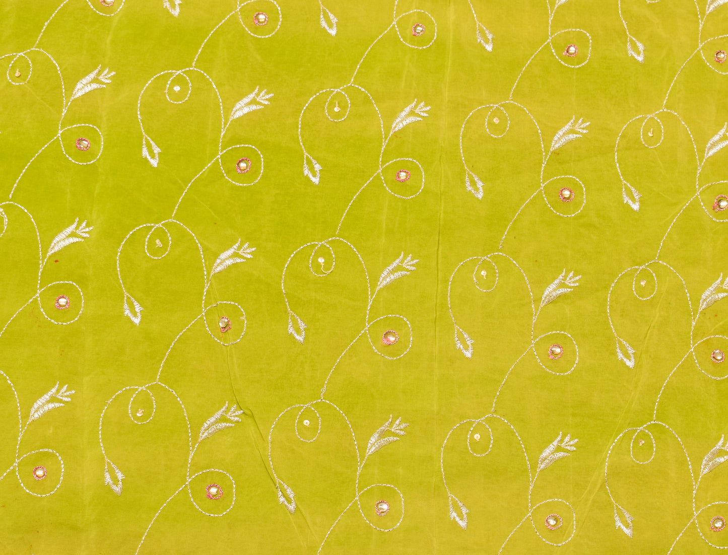 Sushila Vintage Green Sari Remnant Scrap 100%Pure Crepe Embroidered Craft Fabric
