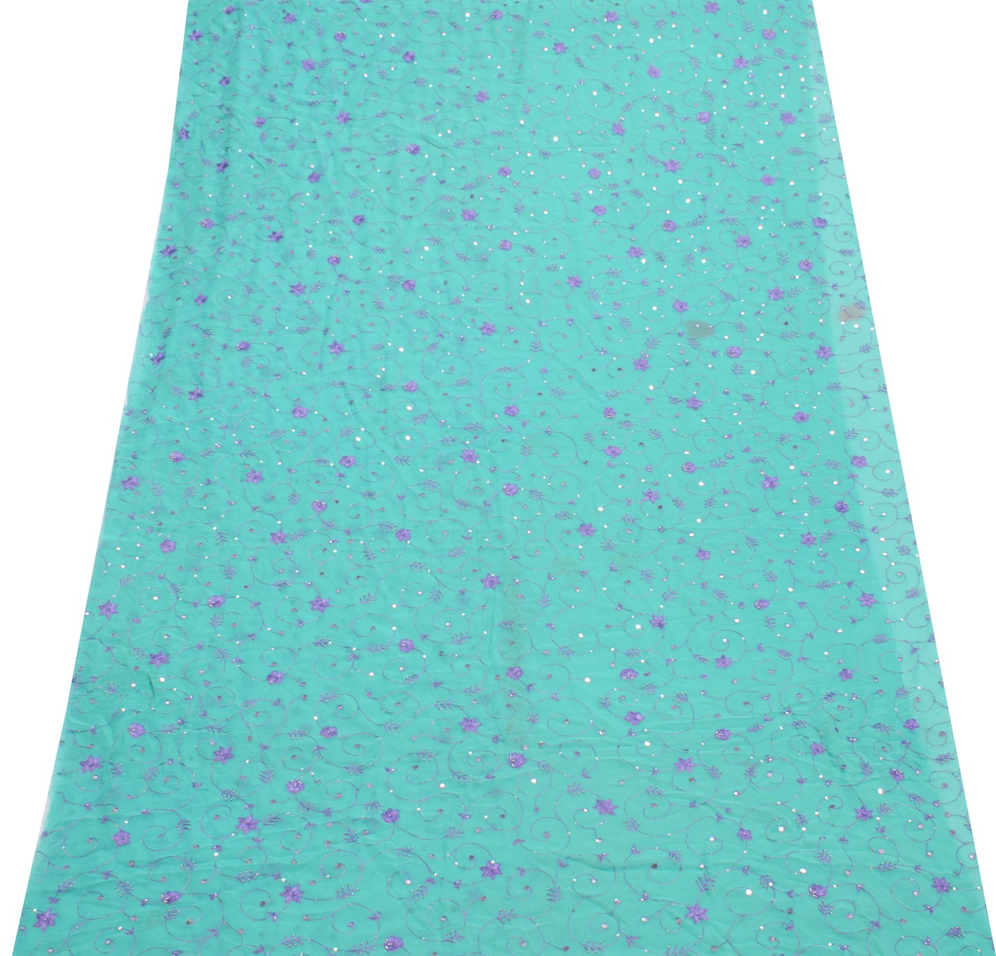 Sushila Vintage Turquoise Sari Remnant Scrap Georgette Embroidered Craft Fabric