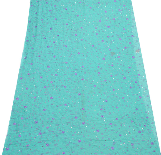 Sushila Vintage Turquoise Sari Remnant Scrap Georgette Embroidered Craft Fabric