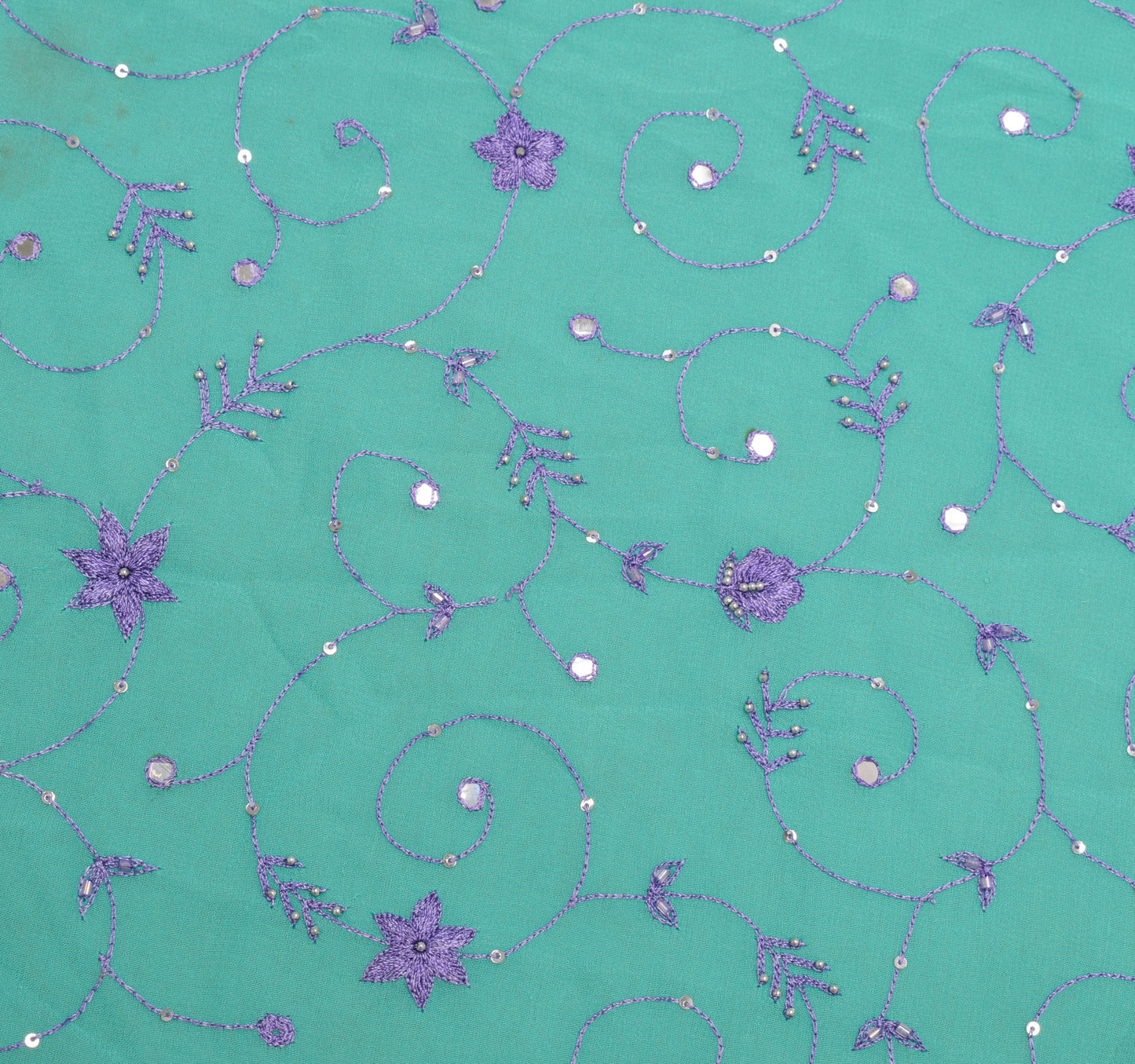 Sushila Vintage Turquoise Sari Remnant Scrap Georgette Embroidered Craft Fabric