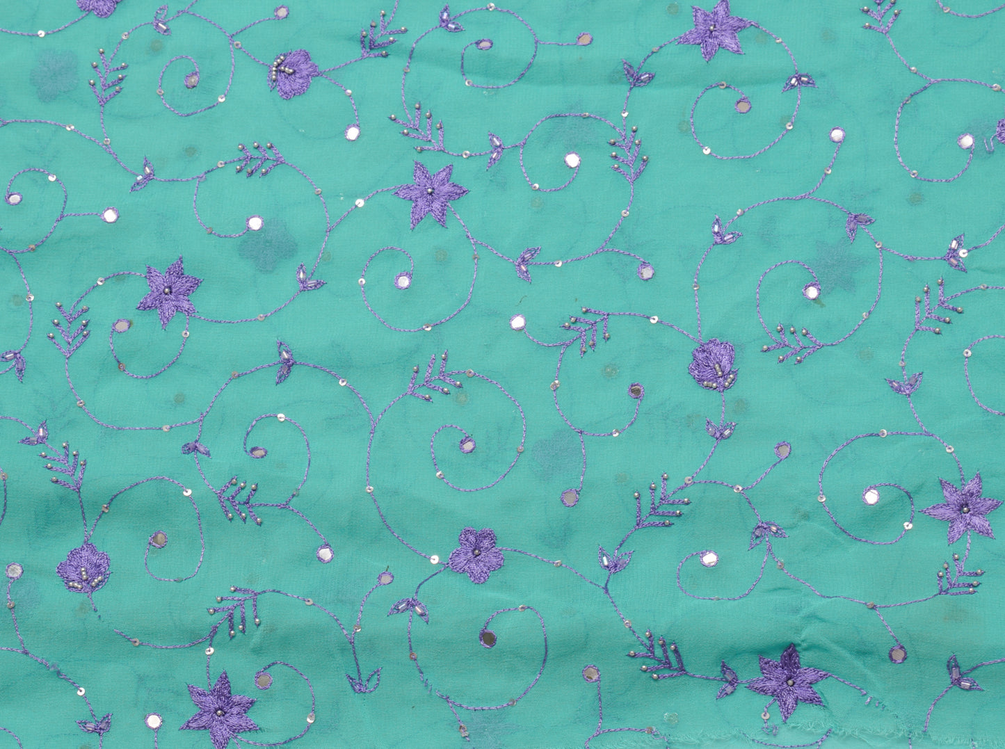 Sushila Vintage Turquoise Sari Remnant Scrap Georgette Embroidered Craft Fabric
