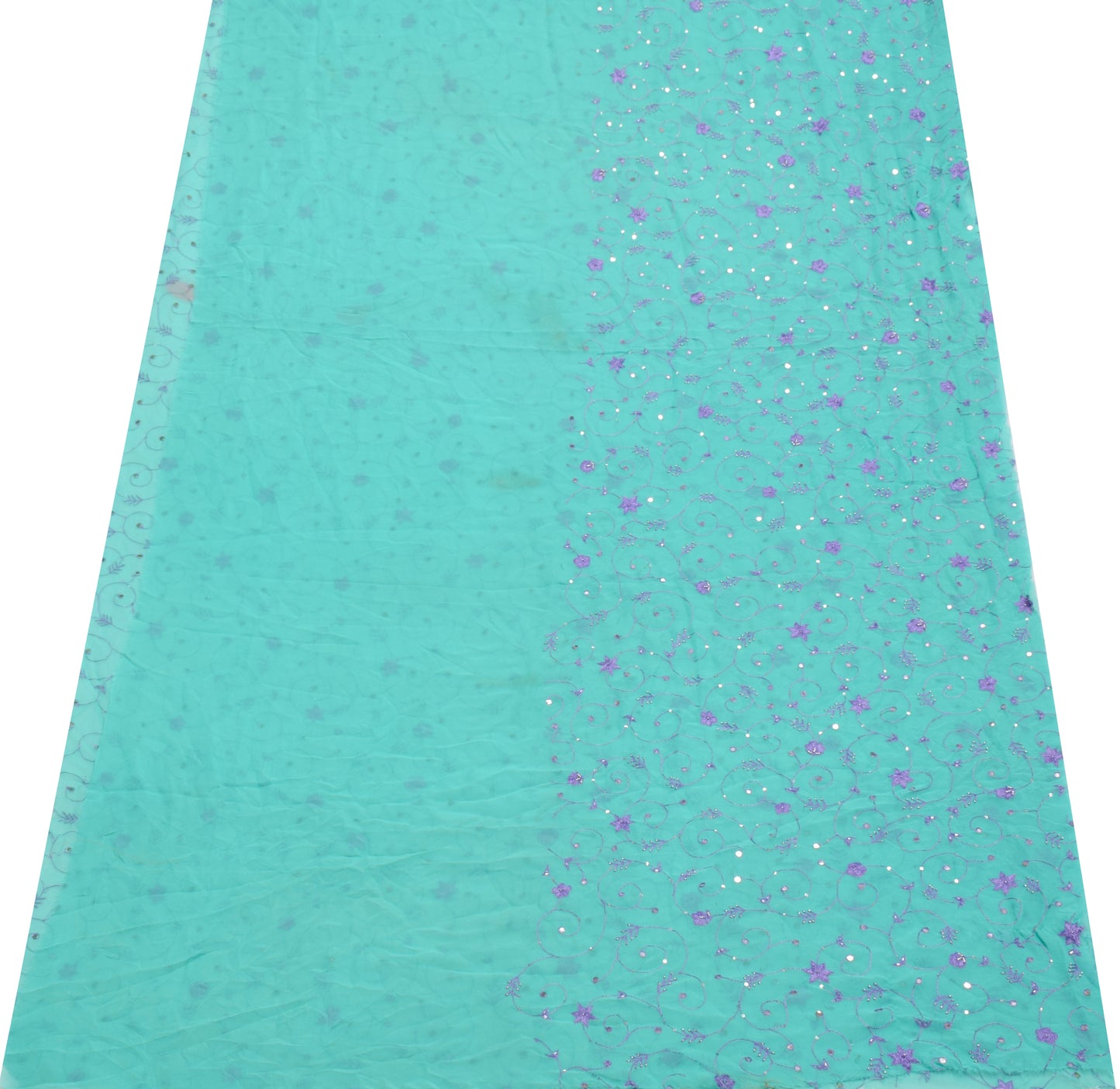 Sushila Vintage Turquoise Sari Remnant Scrap Georgette Embroidered Craft Fabric