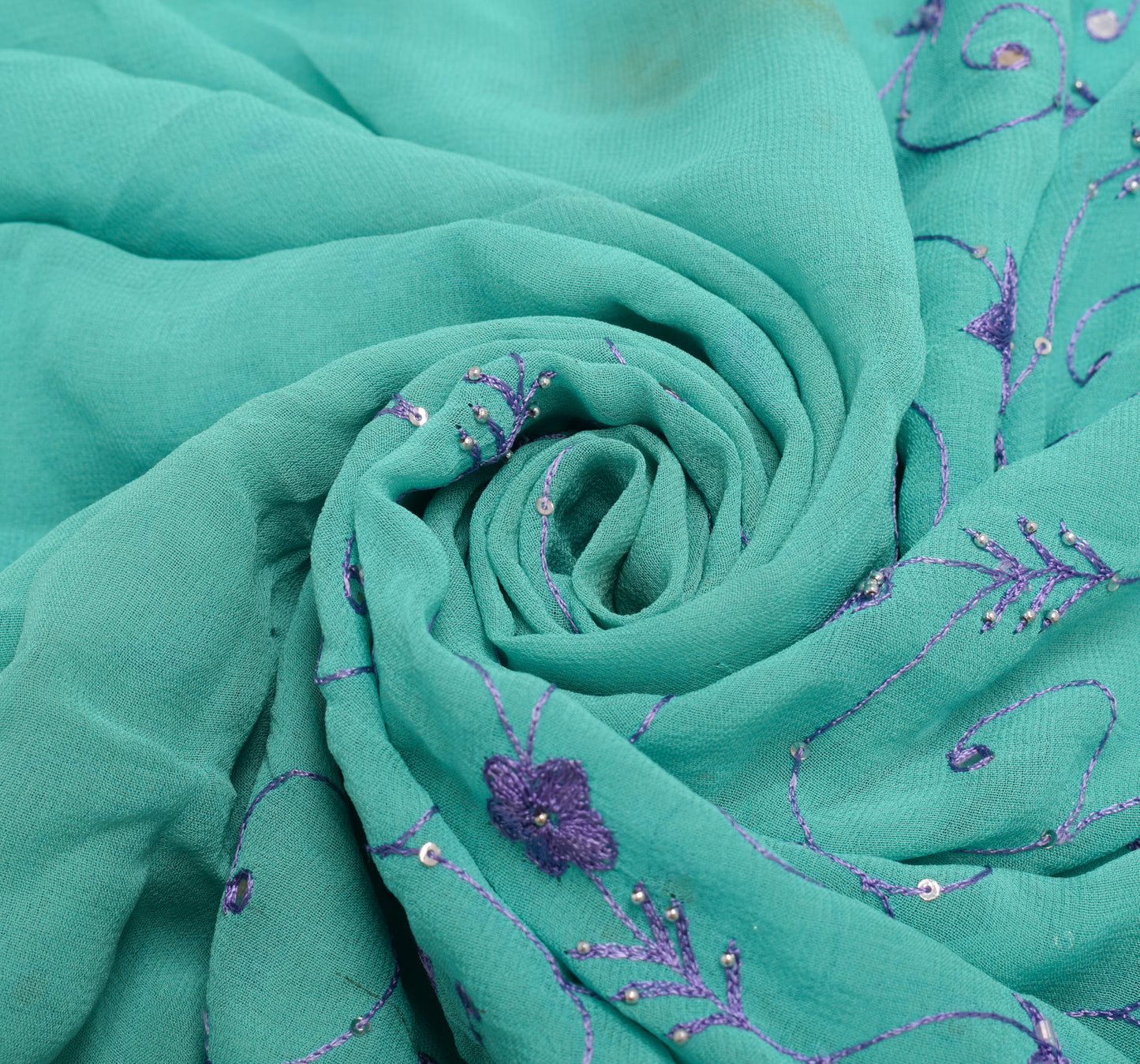 Sushila Vintage Turquoise Sari Remnant Scrap Georgette Embroidered Craft Fabric