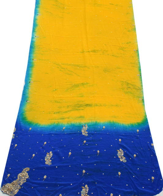 Sushila Vintage Yellow Sari Remnant Scrap Pure Crepe Hand Beaded Craft Fabric