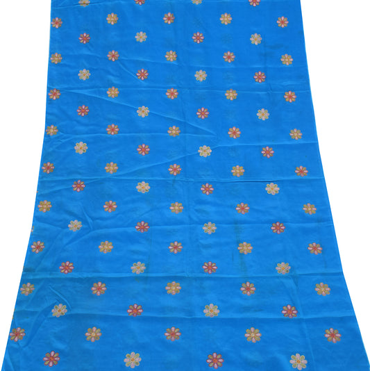 Sushila Vintage Blue Sari Remnant Scrap 100% pure Crepe Embroidered Craft Fabric