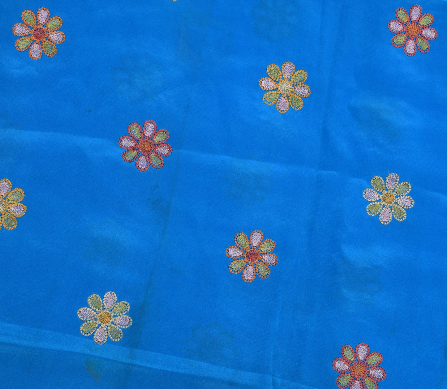 Sushila Vintage Blue Sari Remnant Scrap 100% pure Crepe Embroidered Craft Fabric