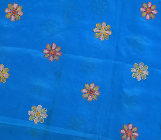 Sushila Vintage Blue Sari Remnant Scrap 100% pure Crepe Embroidered Craft Fabric
